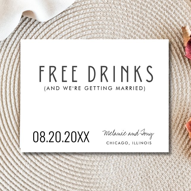 Cartão Postal De Anúncio Engraçado Bebidas Gratuitas Foto Casamento Salvar  (Funny Free Drinks Photo Wedding Save the Date)