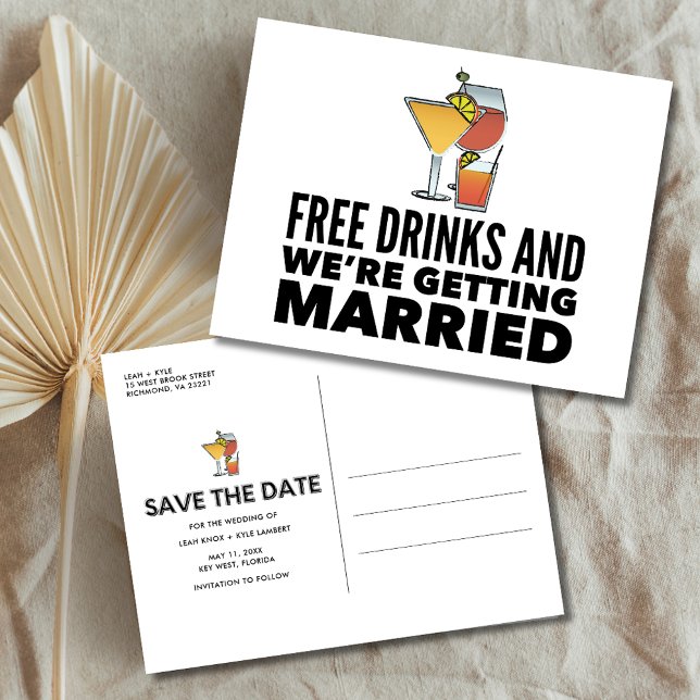 Cartão Postal De Anúncio Engraçado Bebidas Livres Casando Salve a Data (Funny Free Drinks Wedding Save the Date Announcement Postcard)
