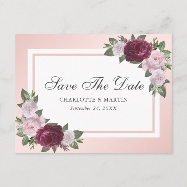 Cartão Postal De Anúncio Ensaio Floral Rosa Bege Borgonha Save The Date (Frente)