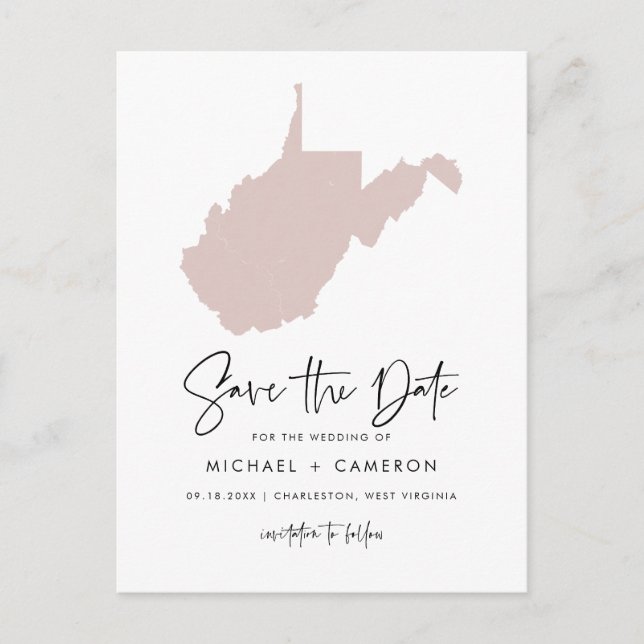 Cartão Postal De Anúncio Escrita Blush Pink West Virginia Map Script Salvar (Frente)