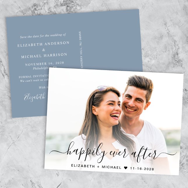 Cartão Postal De Anúncio Espelhamento de Fotografias do Script Chic Azul em (A chic dusty blue happily ever after photo save the date announcement)