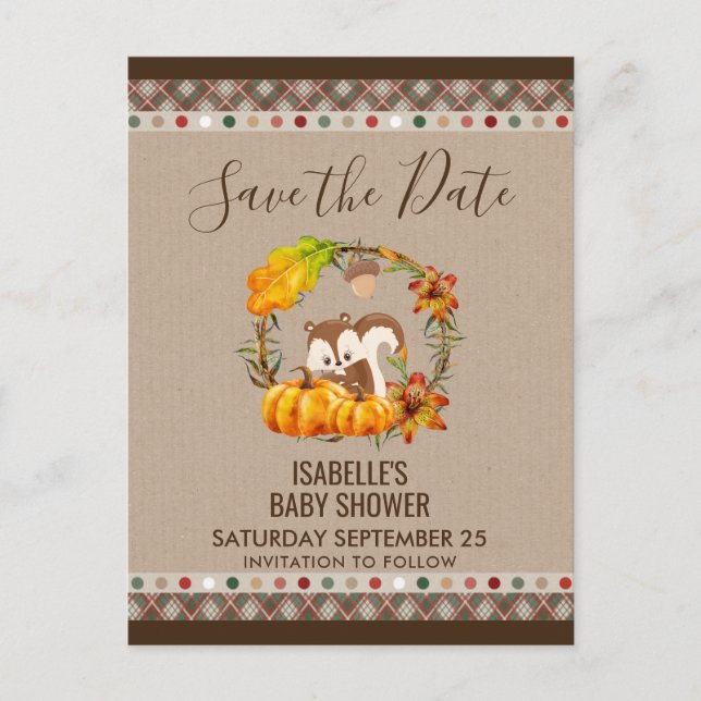 Cartão Postal De Anúncio Esquilo e Abóboras Outono Rústico (Frente)