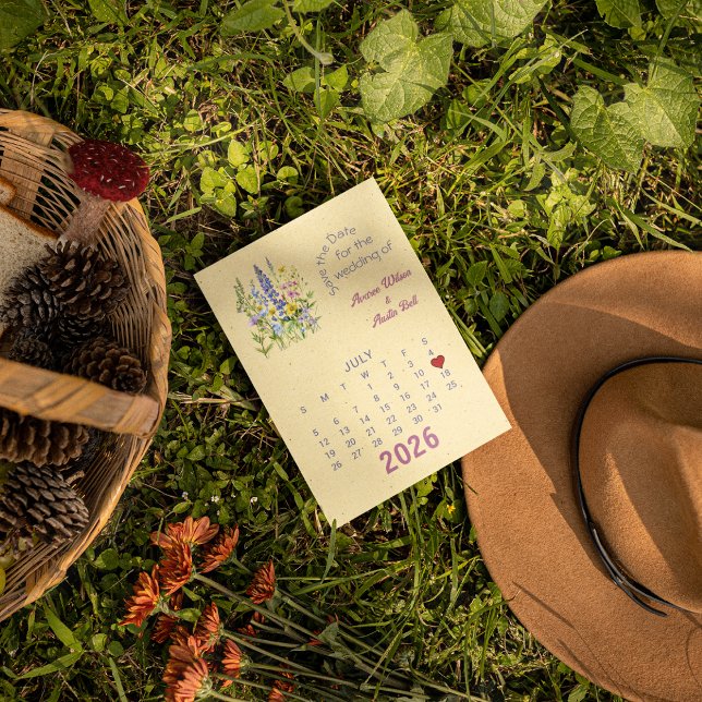 Cartão Postal De Anúncio Estilo de Calendário Casamento Salvar a Data Julho (Criador carregado)