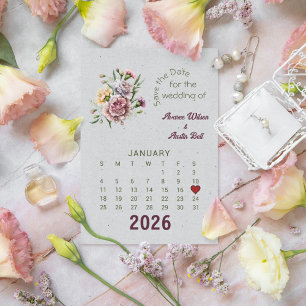 Cartão Postal De Anúncio Estilo de Calendário Casamento Salvar Data Janeiro