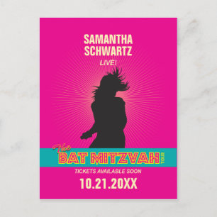 Cartão Postal De Anúncio Estrela de Rock Bat Mitzvah Salve a Data em Rosa Q