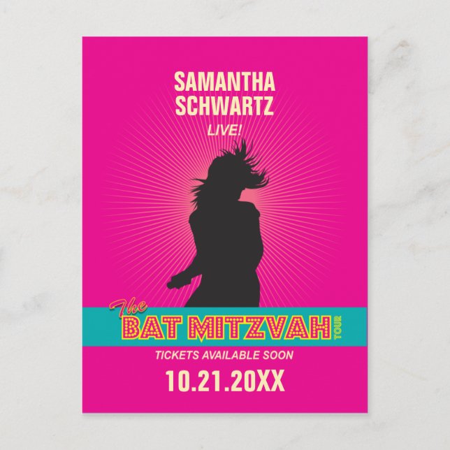Cartão Postal De Anúncio Estrela de Rock Bat Mitzvah Salve a Data em Rosa Q (Frente)