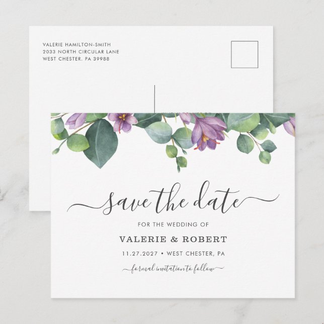 Cartão Postal De Anúncio Eucalipto Floral Roxo de Folhagens Salve a Data (Frente/Verso)