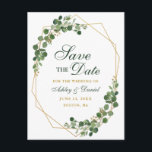Cartão Postal De Anúncio Eucalipto Verde Botânico Salve a Data Dourada<br><div class="desc">Elegante Moderno,  Eucalyptus Botânico De Cores Aquáticas Verde,  Quadro Geométrico Dourado,  Salve O Cartão-Postal Do Noivado De Data</div>
