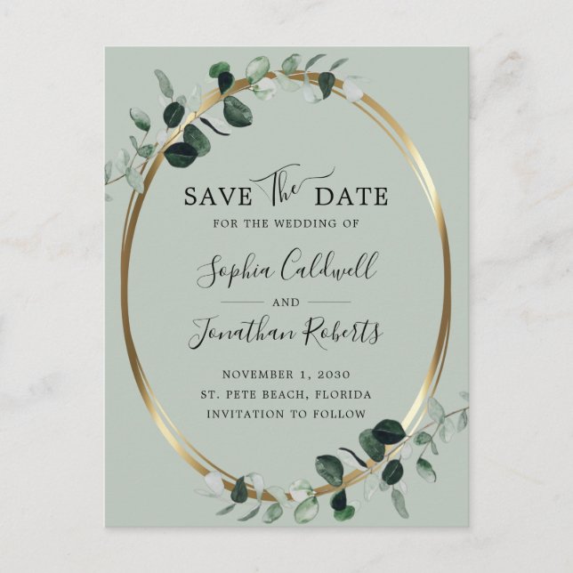 Cartão Postal De Anúncio Eucalyptus Dourado Sage Metallic Save Date (Salva  (Frente)