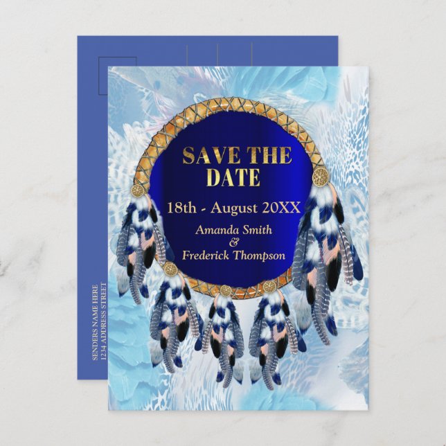 Cartão Postal De Anúncio Exótico Apanhador de Sonhos Blue Save the Dates (Frente/Verso)