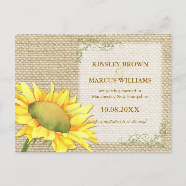 Cartão Postal De Anúncio Fall Sunflower Rustic Burlap Casamento Salve a Dat (Frente)