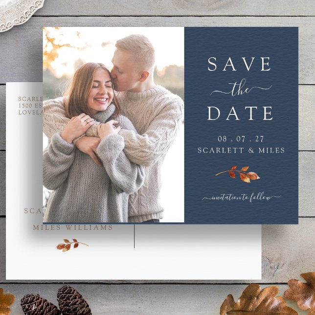 Cartão Postal De Anúncio Fall Terracotta Deixa A Foto Salvar A Data (Navy Blue Fall Terracotta Leaves Photo Save The Date Announcement Postcard by Painted Paperie
)