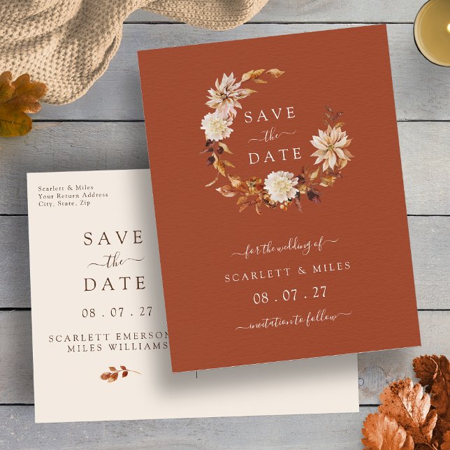 Cartão Postal De Anúncio Fall Terracotta Wreath Weding Dates (Fall Terracotta Wreath Wedding Save the Dates Announcement Postcard
by Painted Paperie)