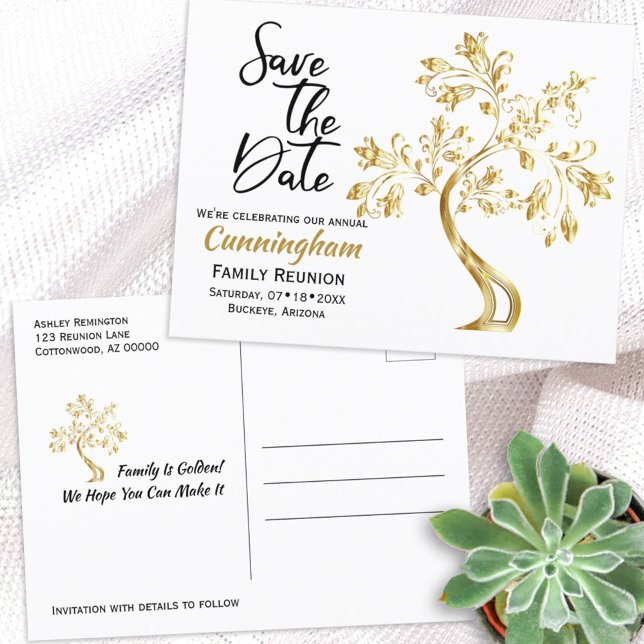 Cartão Postal De Anúncio Family Reunion Save The Date Modern Gold Tree (Criador carregado)