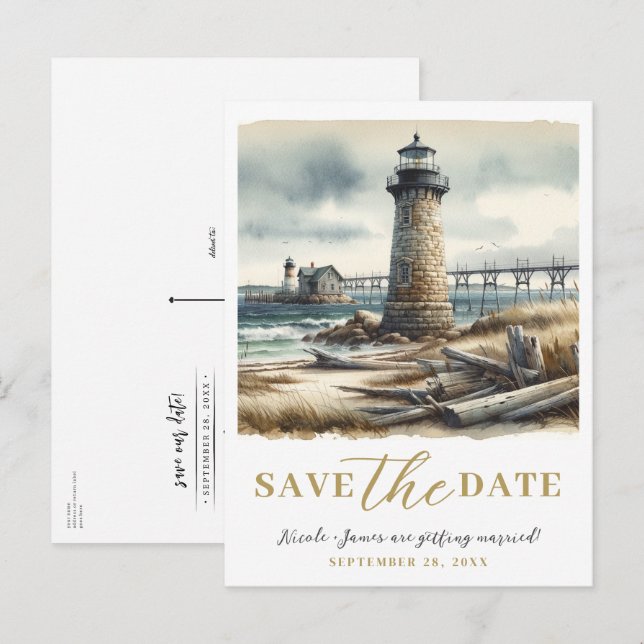 Cartão Postal De Anúncio Farol Costeiro Rústico à Beira Mar Salvar a Data (Frente/Verso)