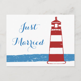 Cartão Postal De Anúncio Farol de Casamento Azul Náutico Vermelho