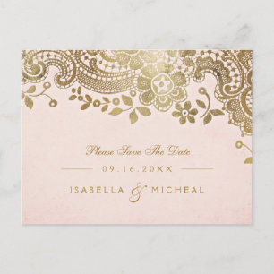 Cartão Postal De Anúncio Faux gold blush elegant lace casamento salve a dat