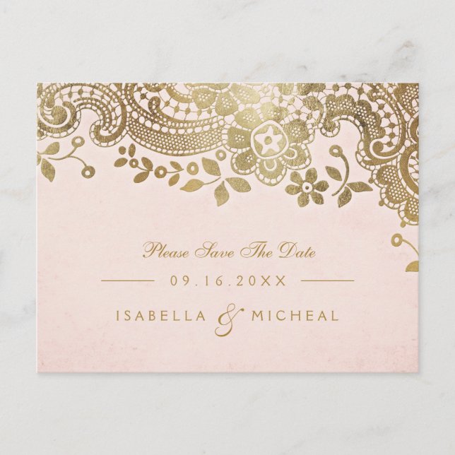 Cartão Postal De Anúncio Faux gold blush elegant lace casamento salve a dat (Frente)