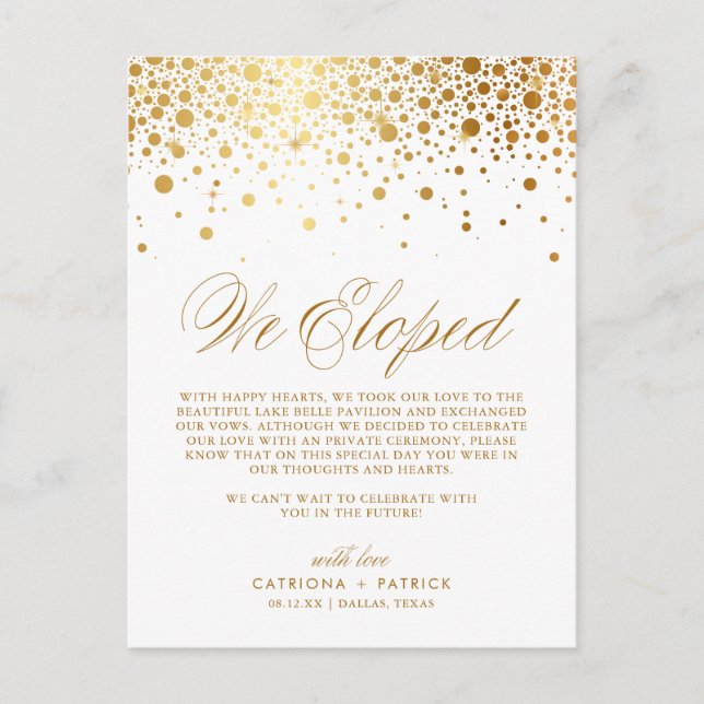 Cartão Postal De Anúncio Faux Gold Foil Confetti White Wedement Elopement (Frente)