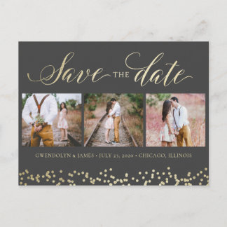 Cartão Postal De Anúncio Faux Sparkle 3 Photo Save the Date Postcard