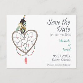Cartão Postal De Anúncio Feather Heart Dreamcatcher Salve a Data Casamento