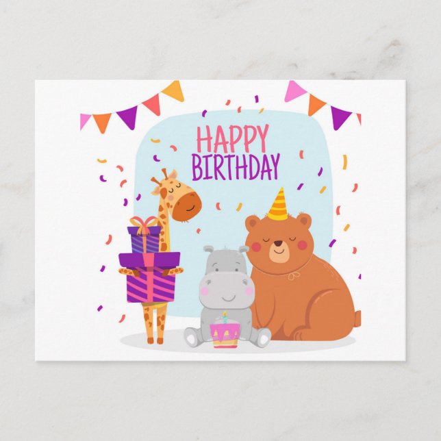 Cartão Postal De Anúncio Feliz Aniversário Animal Ilustrado (Frente)