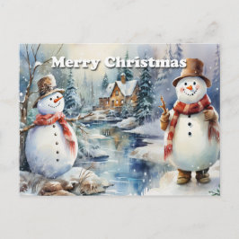 Cartão Postal De Anúncio Feliz Natal Bonecos de Neve Cabana de Troncos Rio 