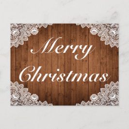 Cartão Postal De Anúncio Feliz Natal em Madeira Rústica e Renda Branca