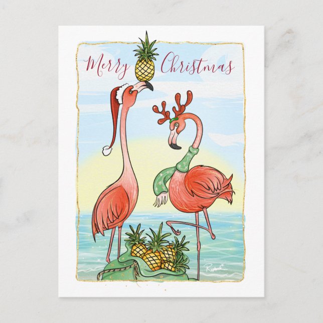 Cartão Postal De Anúncio Feliz Natal Pink Flamingo Hawaiin (Frente)