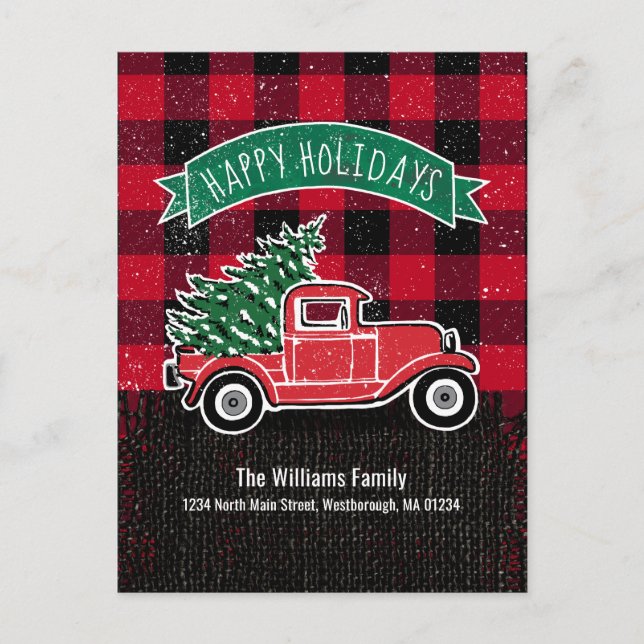 Cartão Postal De Anúncio Feriado de Natal Rustic Red Truck em Movimento (Frente)