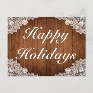 Cartão Postal De Anúncio Feriados Felizes de Madeira e Lace Branco Saudação