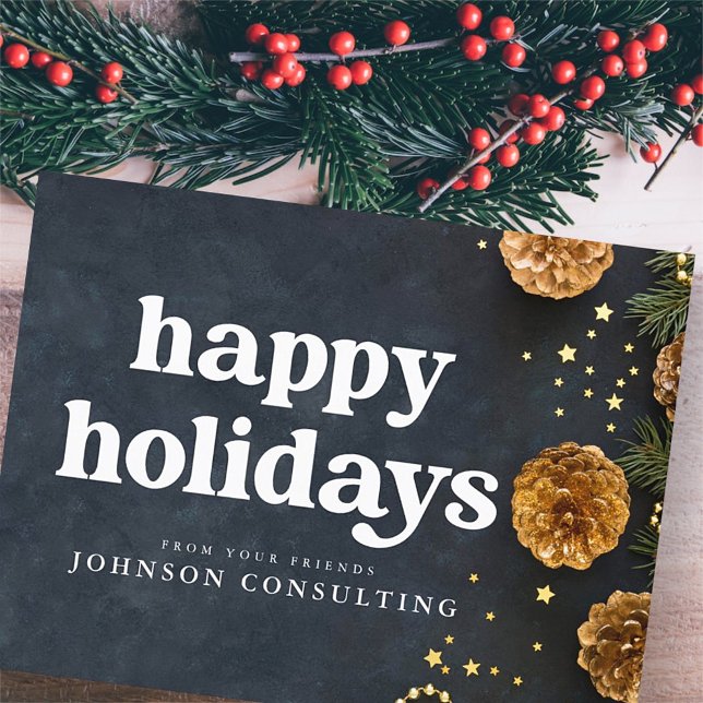 Cartão Postal De Anúncio Férias Felizes Estrelas Modernas e Pinhas Douradas (Criador carregado)