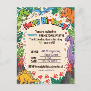 Cartão Postal De Anúncio Festa de Aniversário Infantil com Dinossauros Pré-