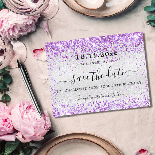 Cartão Postal De Anúncio Festa de aniversário violeta prateado brilho save