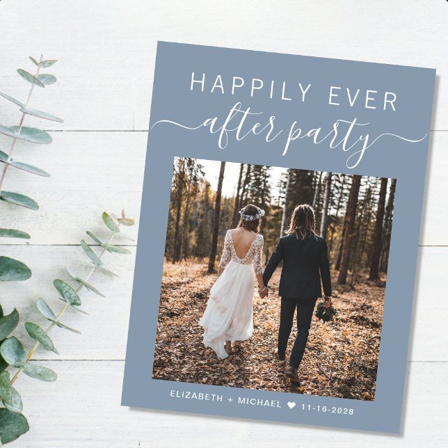Cartão Postal De Anúncio Festa de Casamento Dusty Blue com Foto de Casament (An chic Happily Ever After Party postcard invitation for your wedding celebration)