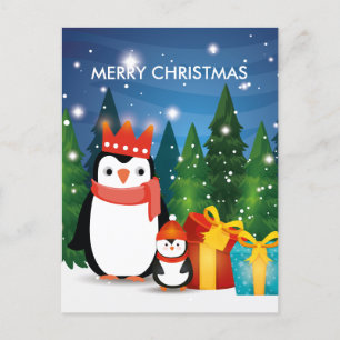 Cartão Postal De Anúncio Festa de Natal de Inverno Família de Pinguins