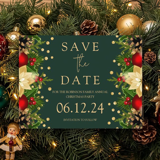 Cartão Postal De Anúncio Festa De Natal Salve A Data Dourada Floral Verde (Christmas Party Save The Date Gold Floral Green Announcement Postcard)