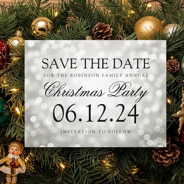 Cartão Postal De Anúncio Festa De Natal Salve A Luz Da Prata (Christmas Party Save The Date Silver Glitter Light Announcement Postcard)