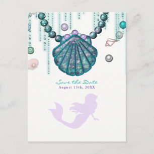 Cartão Postal De Anúncio Festa de Sereia Roxa na Praia com Brilho Save the 