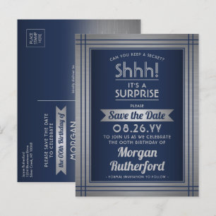 Cartão Postal De Anúncio Festa Surpresa de Aniversário Azul Marinho Salve a