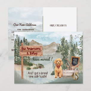 Cartão Postal De Anúncio Filhote de Goldendoodle se Mudando para Novos Bosq