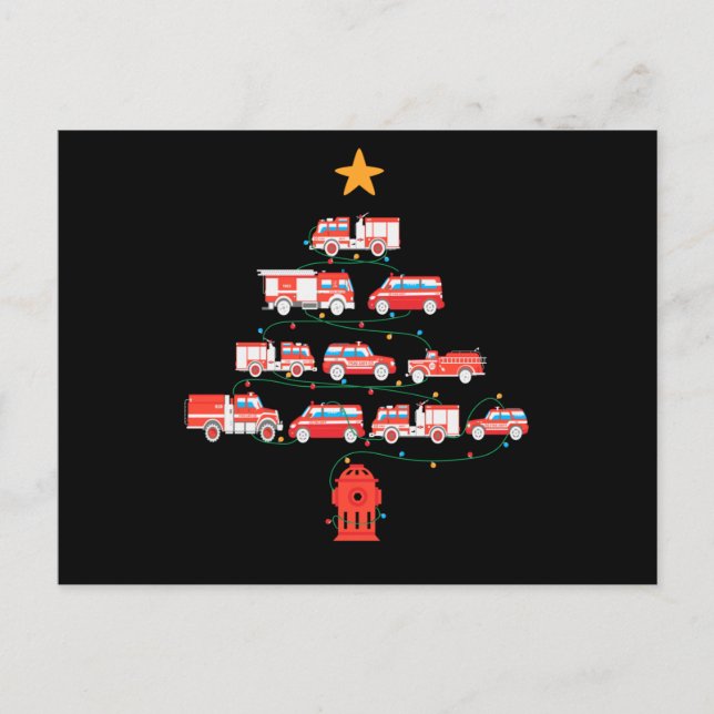 Cartão Postal De Anúncio Firefighter Fire Truck Christmas Tree.Png (Frente)
