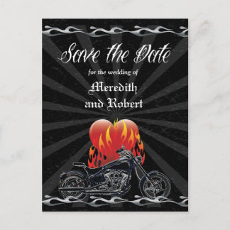Cartão Postal De Anúncio Flaming Love Biker Salvar a Data