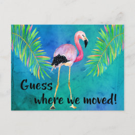 Cartão Postal De Anúncio Flamingo e Folhas de Palmeira Mudança de Endereço