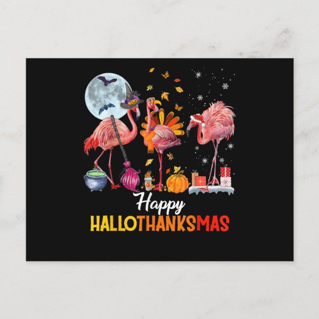 Cartão Postal De Anúncio Flamingo | Flamingo de Halloween e Feliz Natal (Frente)