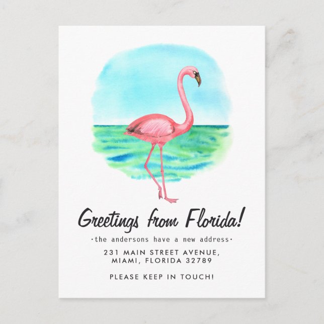Cartão Postal De Anúncio Flamingo Tropical Mudou Nova Endereço Flórida Muda (Frente)