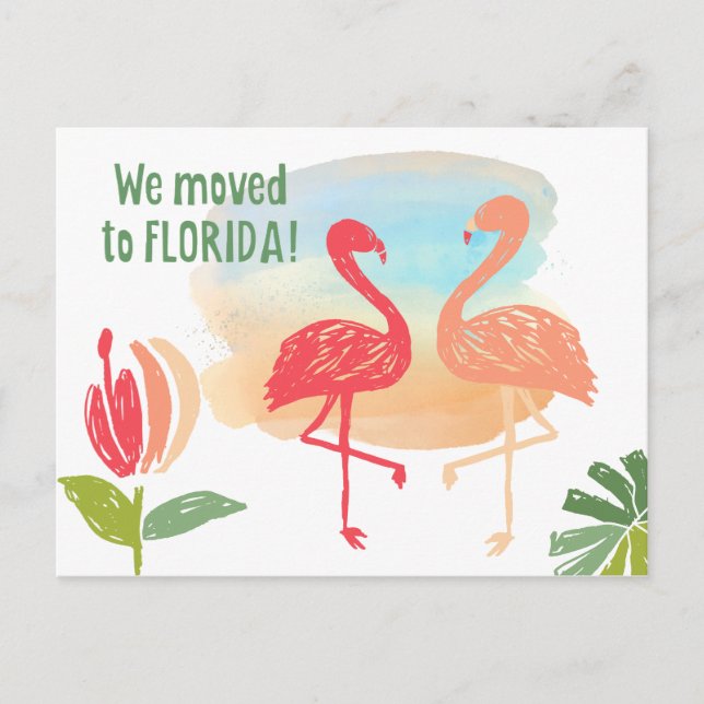 Cartão Postal De Anúncio Flamingos Desenhados à Mão Nós nos Mudamos para a  (Frente)