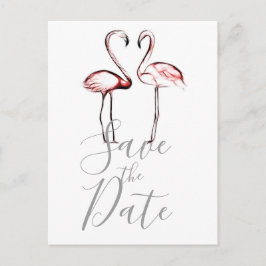 Cartão Postal De Anúncio Flamingos Rosa Bege Marble Salve a Data