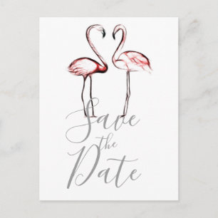 Cartão Postal De Anúncio Flamingos Rosa Bege Marble Salve a Data