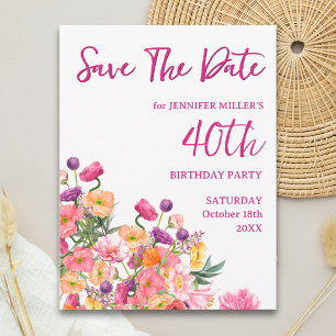 Cartão Postal De Anúncio Floral 40º Aniversário Salve o Dia - Elegante